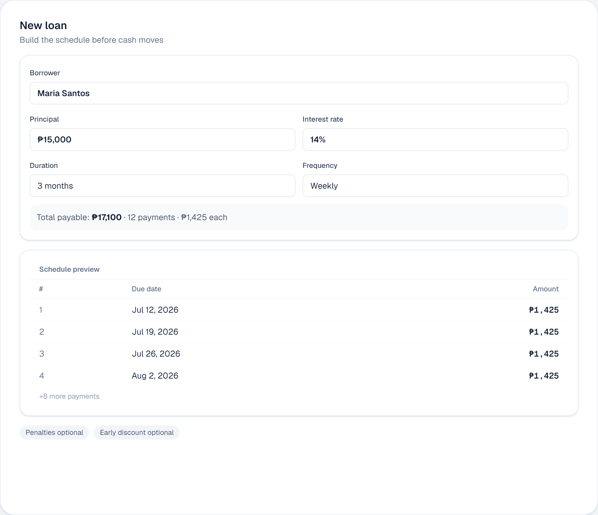 Swertehon loan calculator with principal, interest, frequency, and schedule preview