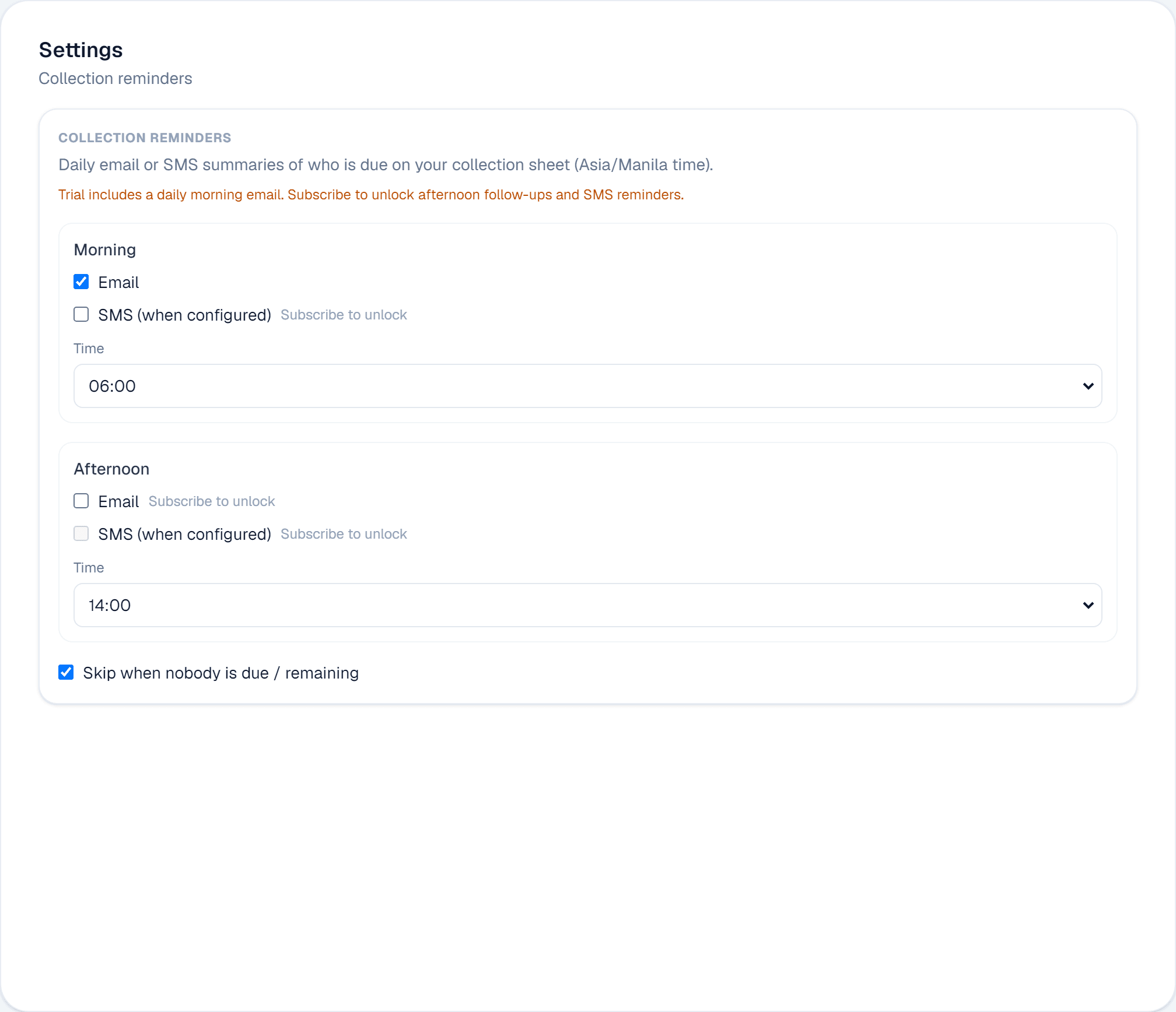 Swertehon Settings showing morning and afternoon collection reminder toggles